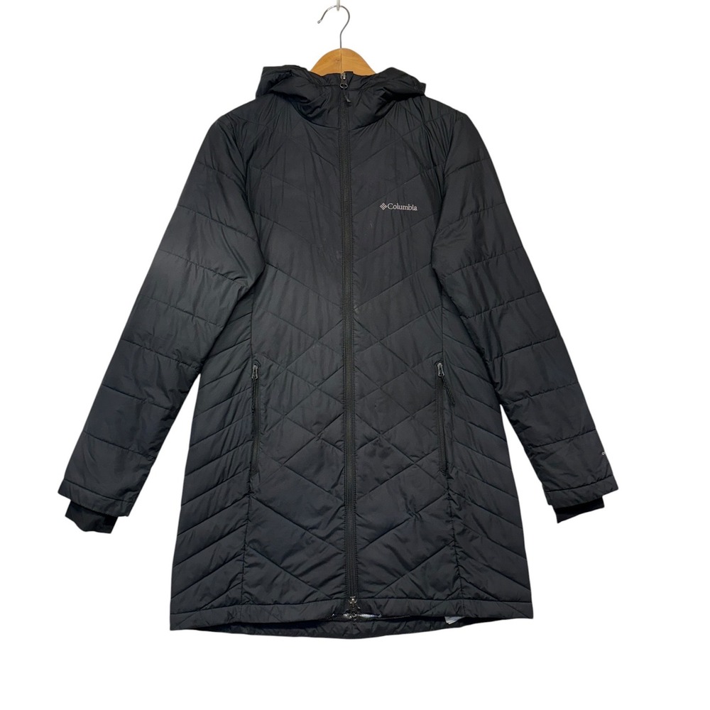 Columbia Omni-Heat Hooded Puffer Jacket Black Long Quilted Parka Womens Small